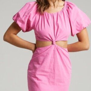 Showpo Hyacinth Puff Sleeve Mini Dress with Twist Front in Pink
